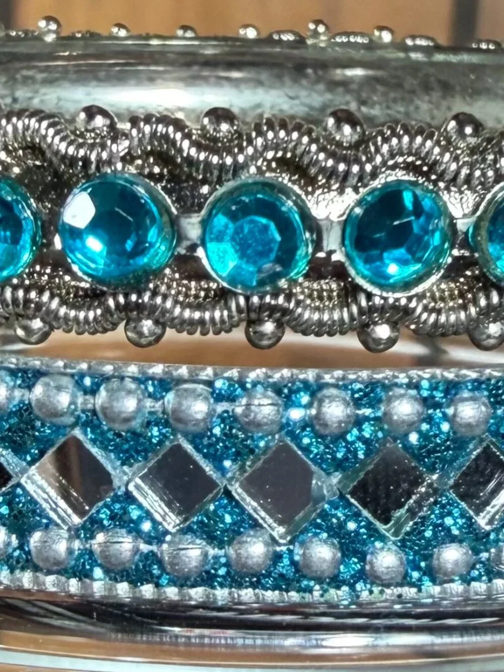 2 Silver Tone Bangle Bracelets Intricate Filigree Wirework Blue Crystals Mirror